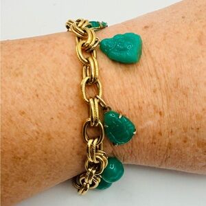 VTG Monet Gold Toned Bracelet with Green Jade Charms Buddha Retro 7.25”